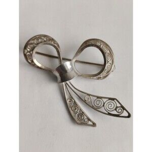 NAJ Vintage 925 Sterling Silver Filigree Ribbon Bow 2" Brooch Pin